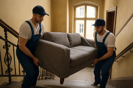 Umzugshelfer Potsdam mit weißem Transporter vor Altbau